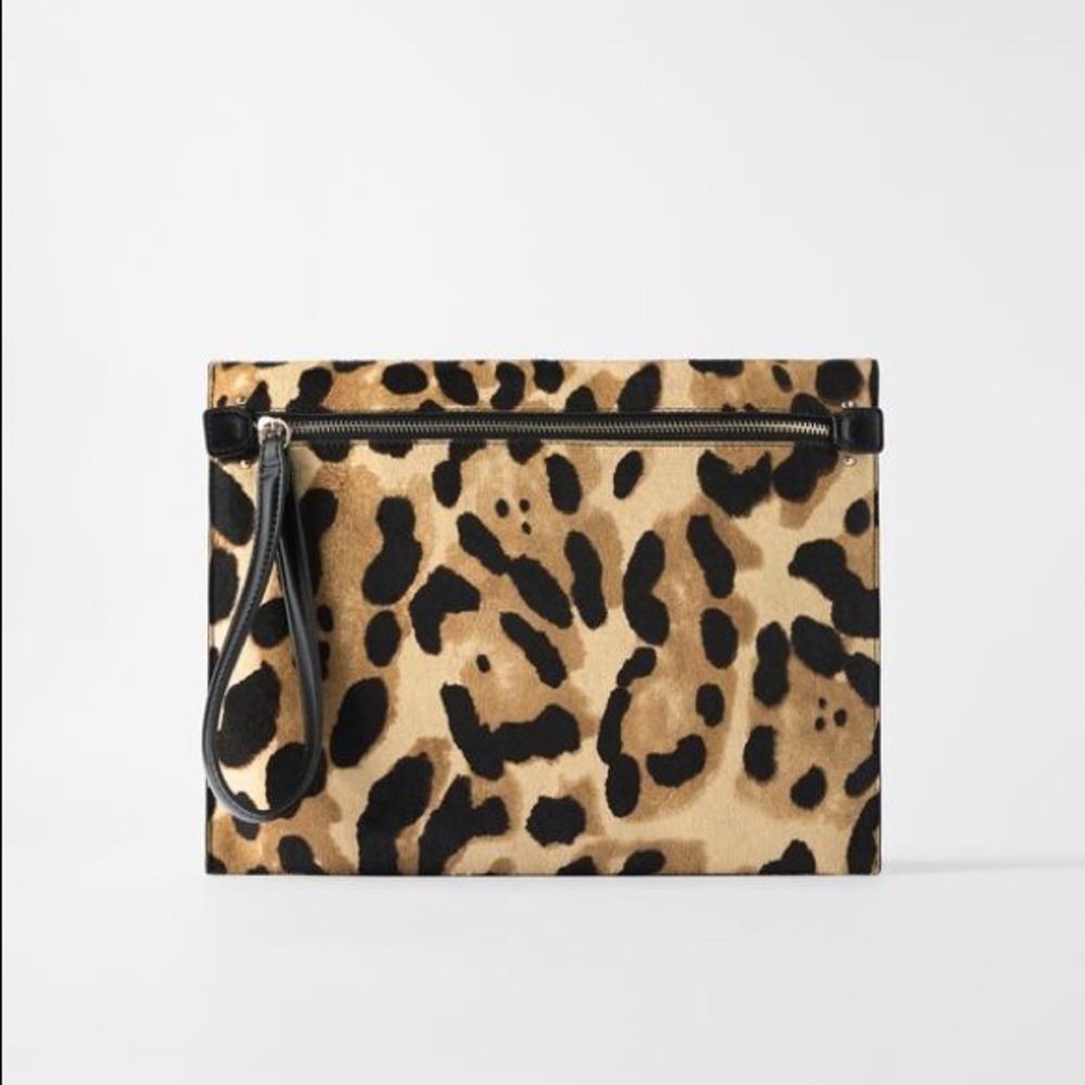 Zara leather animal print clutch NWT